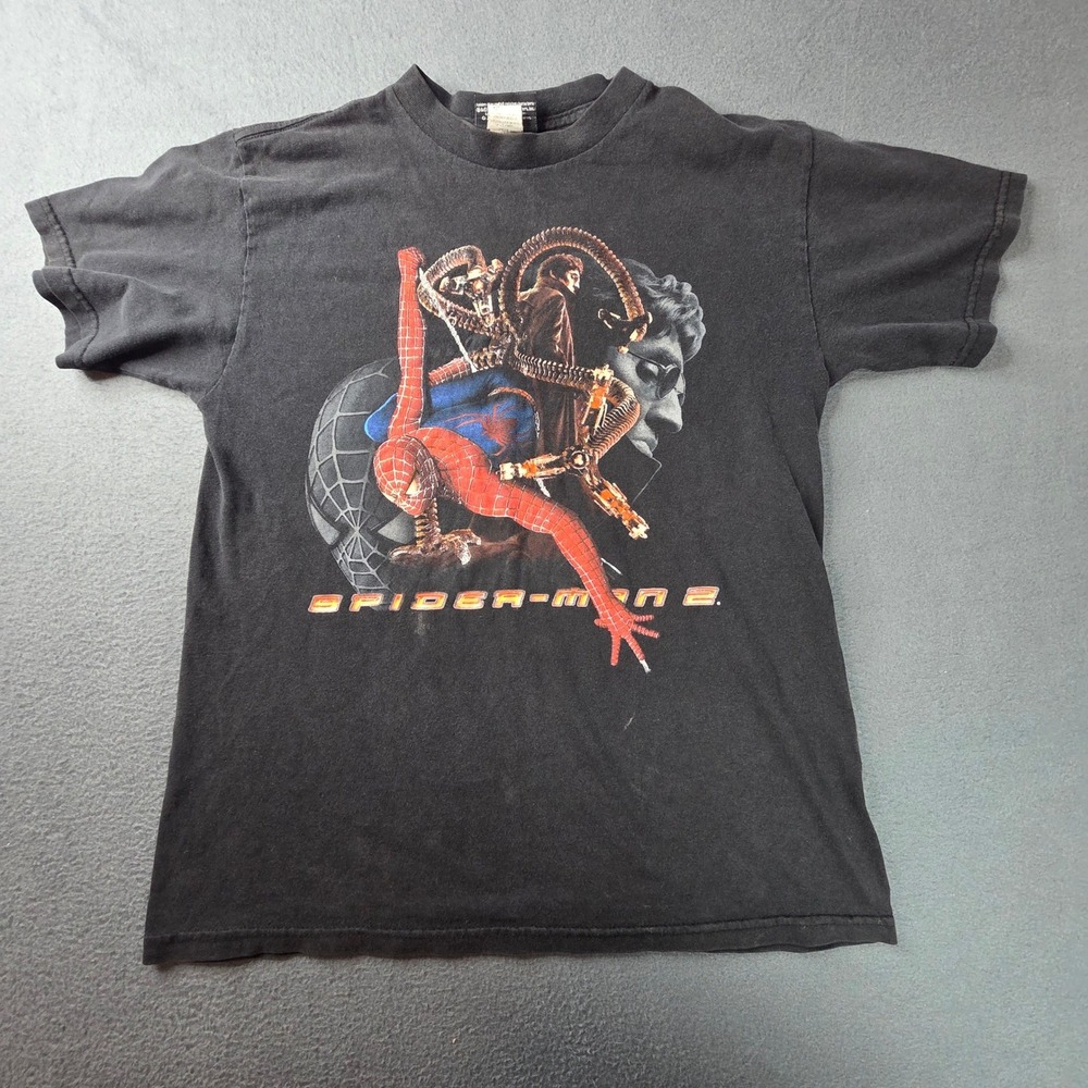 Vintage 2004 Spider-Man 2 Movie Promo T-Shirt Kids Large Black Marvel Doc Ock